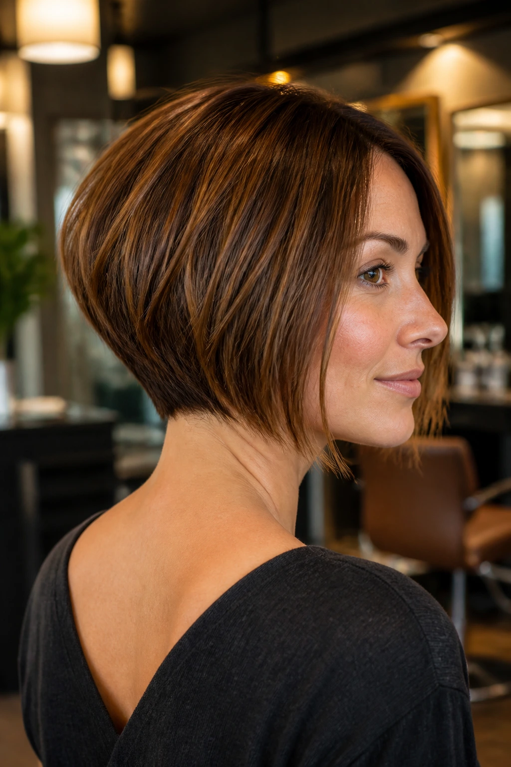 Close-up of jaw-length stacked bob with clean graduation on a real person.