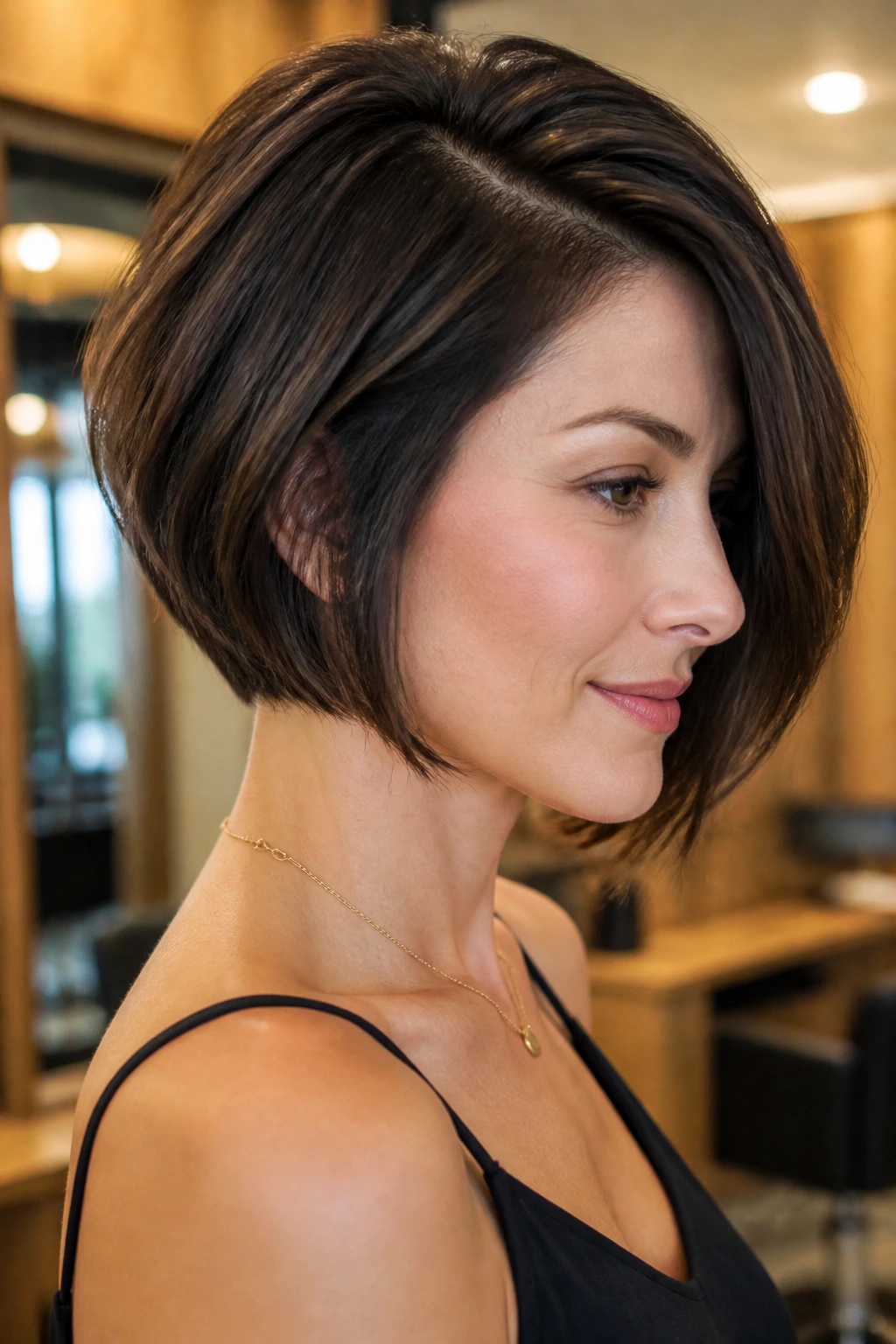 Portrait of a person with jaw-length stacked bob and deep side part