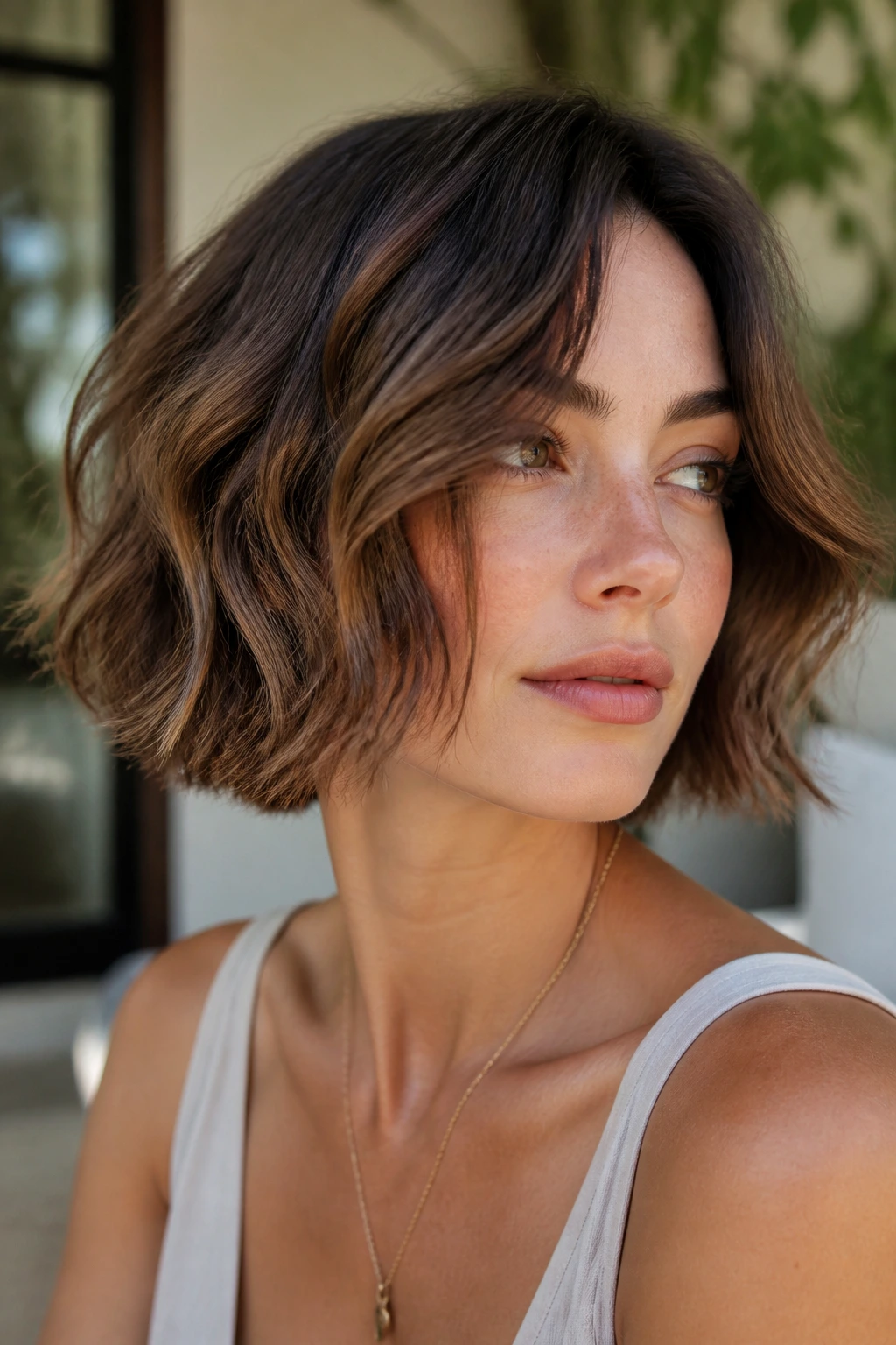Real person with jaw-length wavy bob and tousled ends in natural light