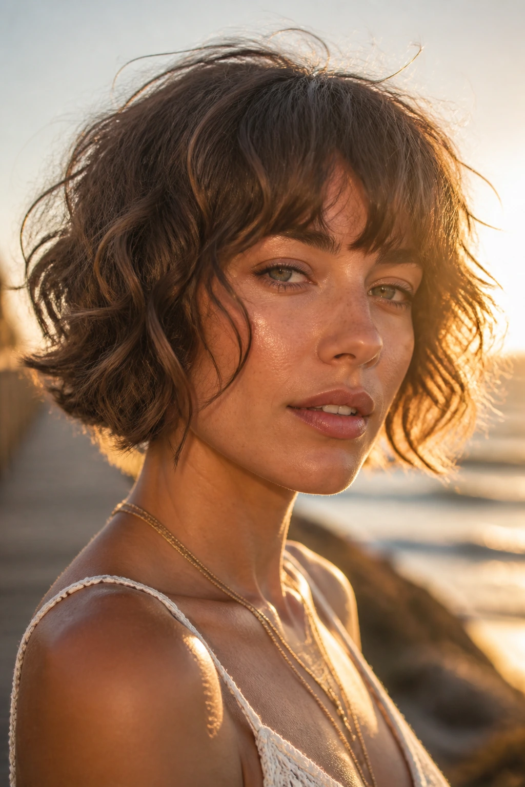 Close-up portrait of a real woman with jaw-length wavy shag hairstyle