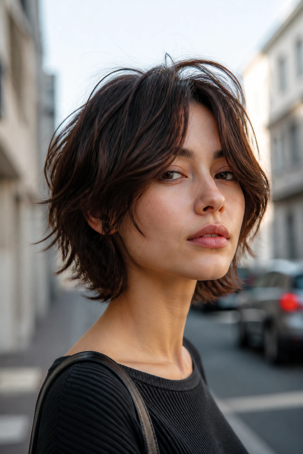 Real person with jaw-length wolf cut lite outdoors