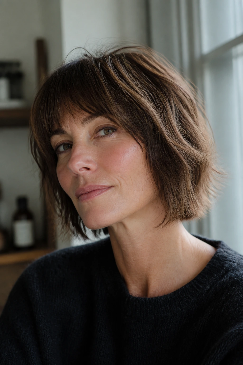 Real woman with jaw-length wolf cut showing micro texture and defined jawline