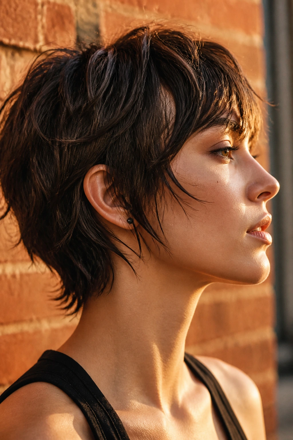 Profile view of real woman with jaw-sharpening piecey shag against brick wall.