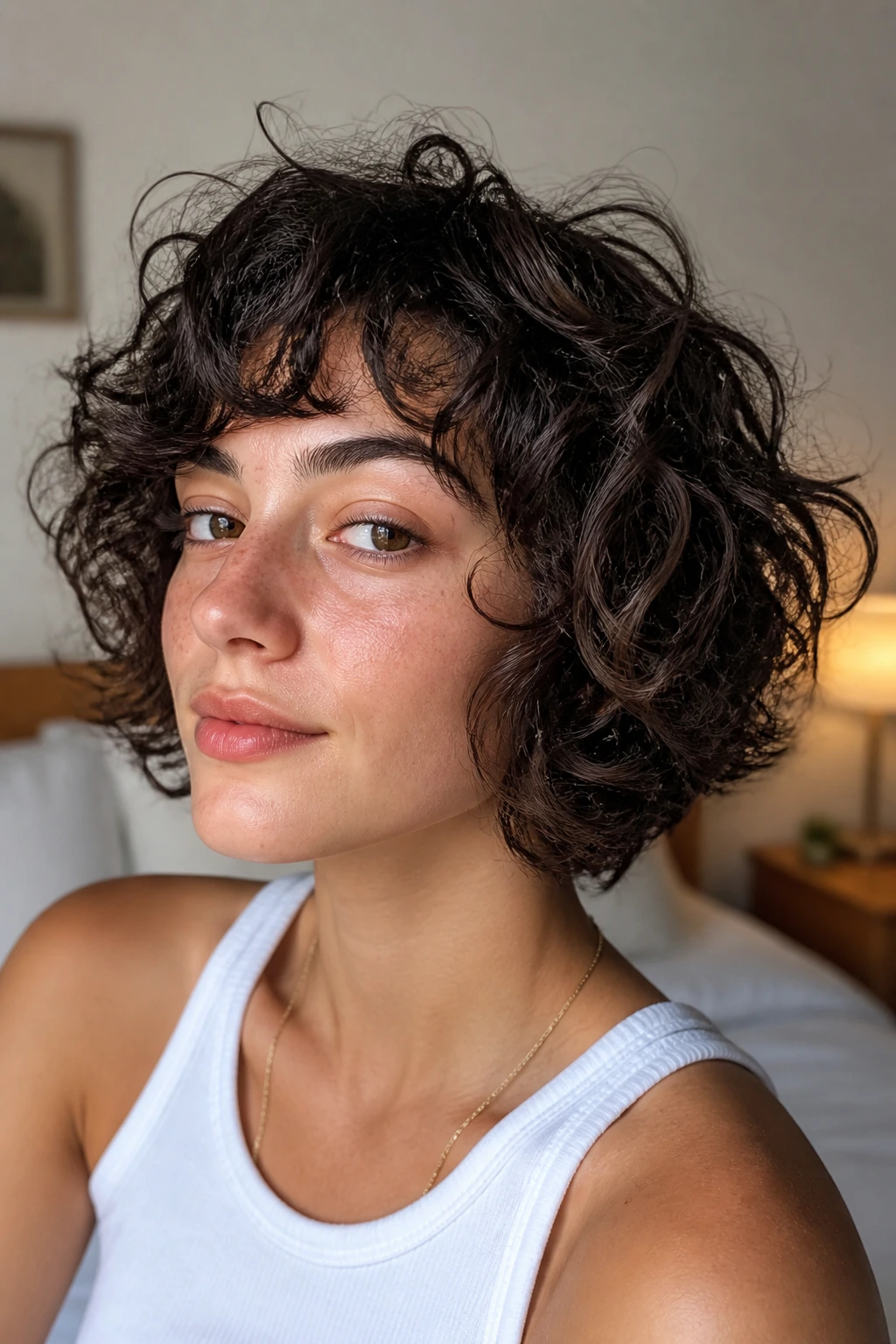 Close-up portrait of a real person with a jaw-short wolf crop hairstyle.