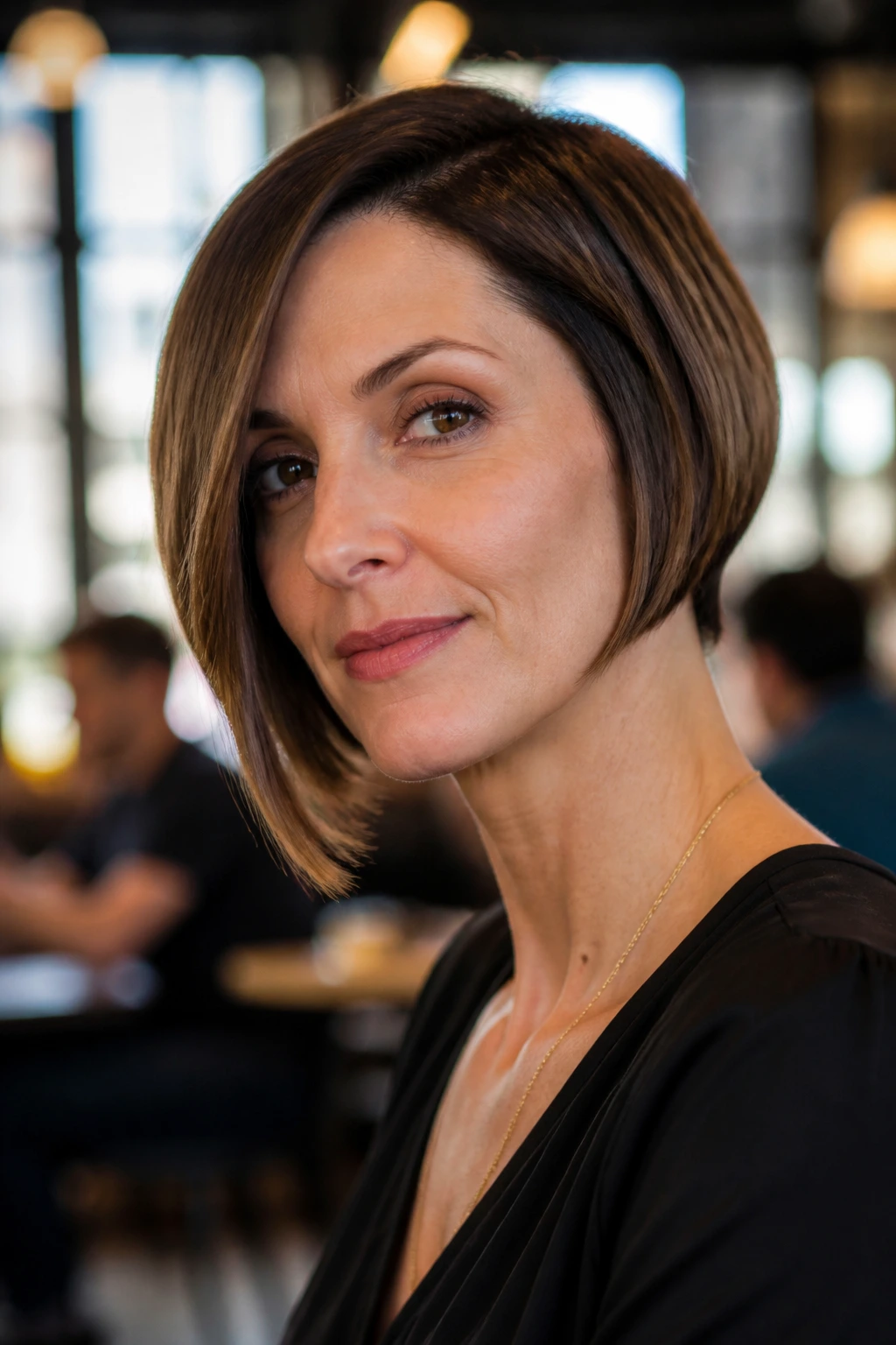 Close-up of a real woman with jaw-skimming asymmetrical bob in a cafe