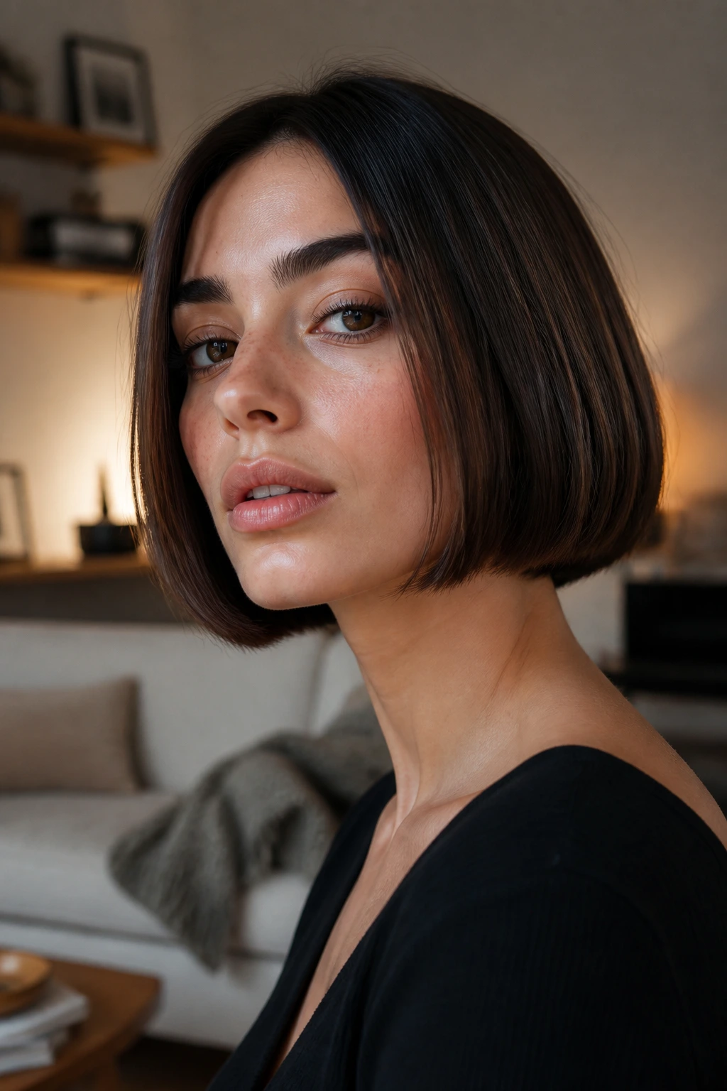 Close-up portrait of a real woman with a jaw-skimming blunt bob, crisp jawline edge