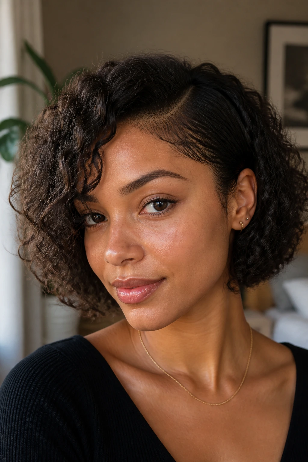 Close-up portrait of a real woman with a jaw-skimming bob and a deep side part, 2C curls.