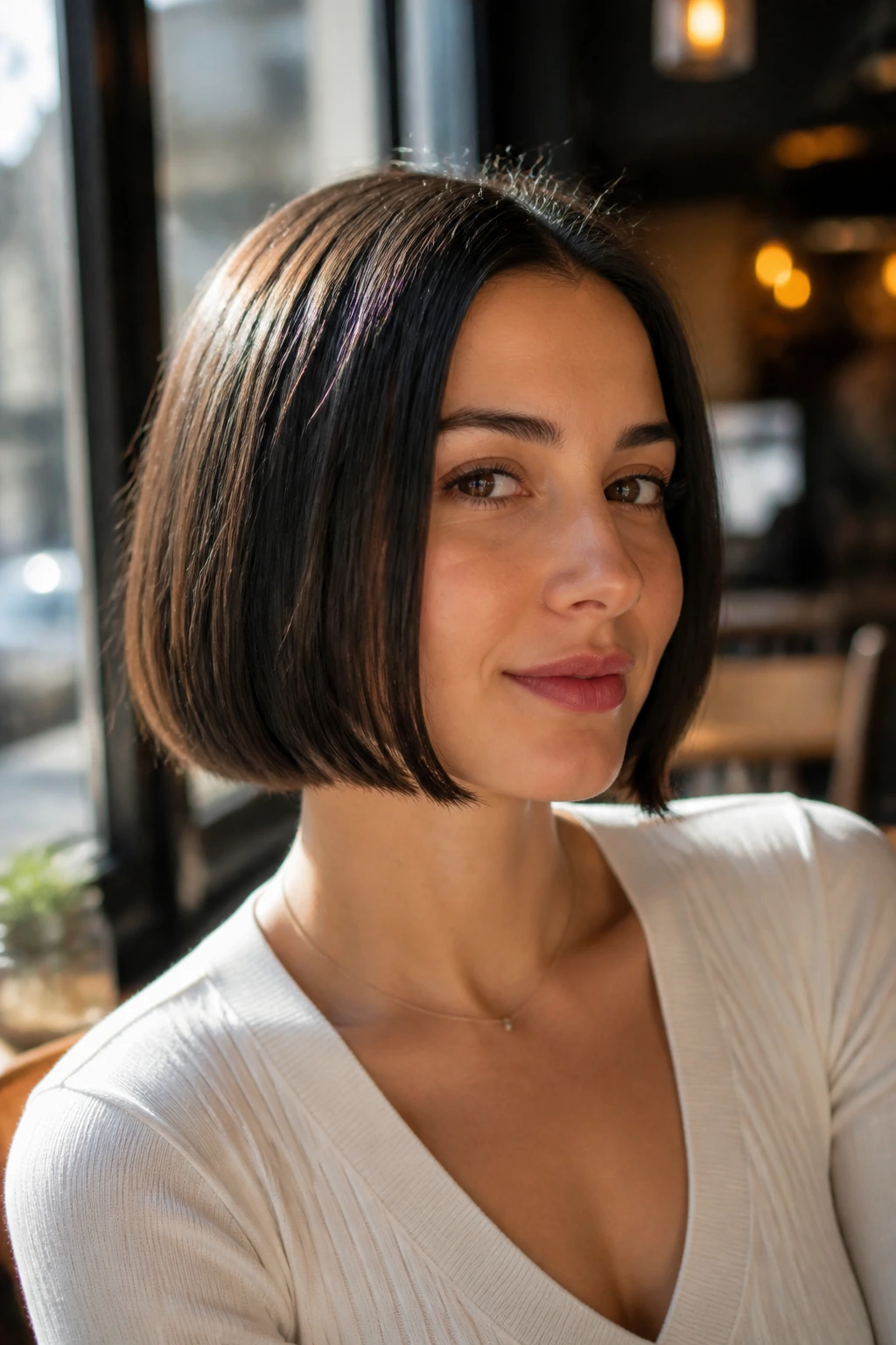 Close-up of a real woman with a jaw-skimming bob at the jawline