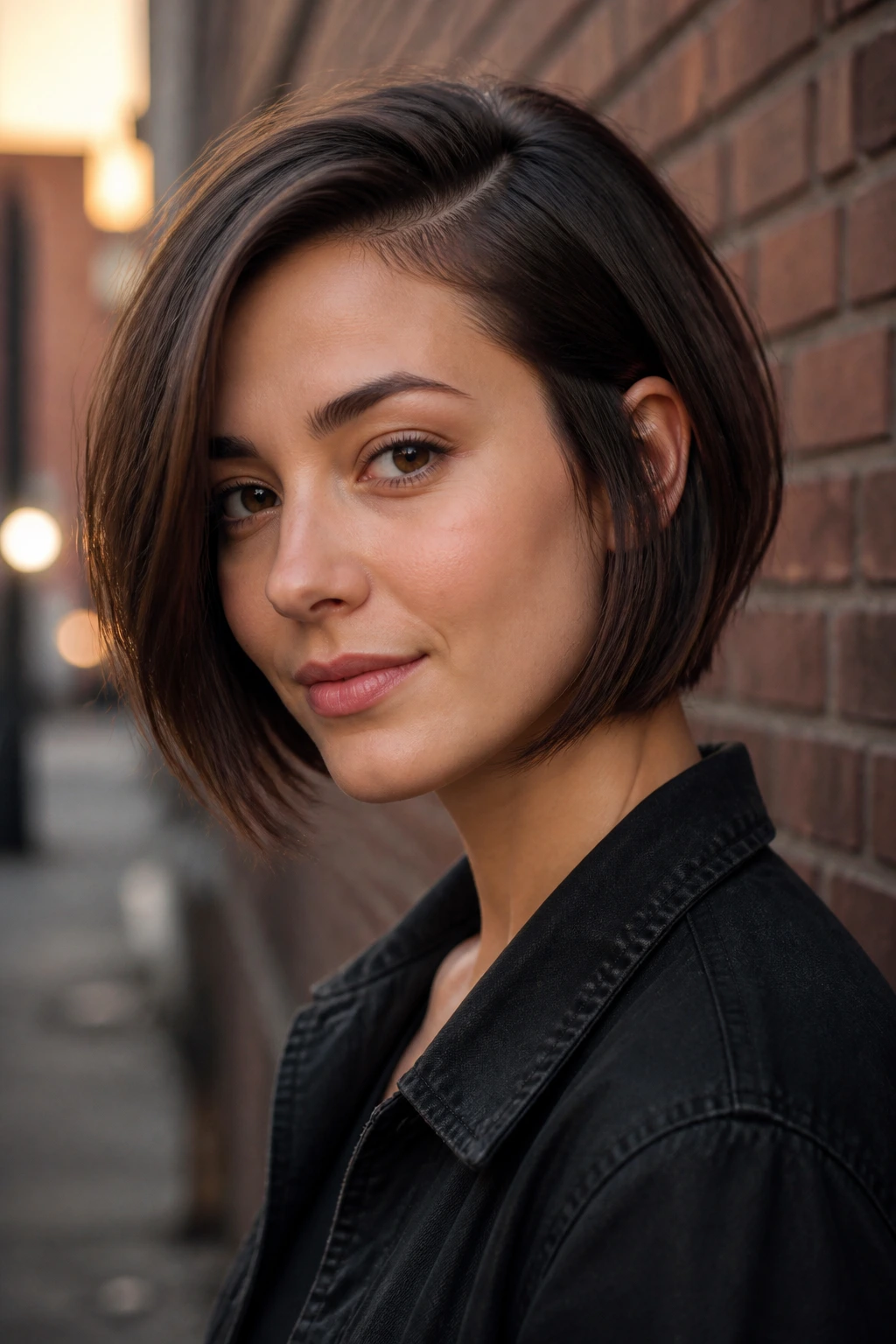 Close-up of a woman with a jaw-skimming side-part bob in an urban alley at dusk