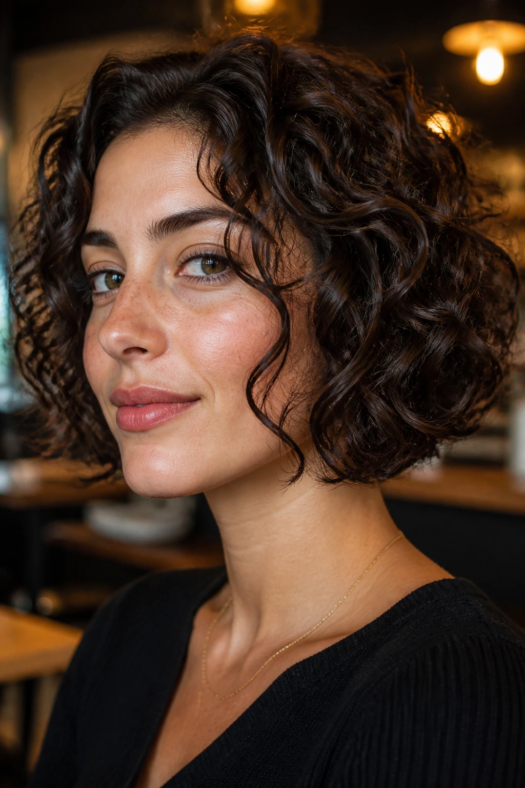Close-up of a real woman with jaw-skimming face-framing curly bob