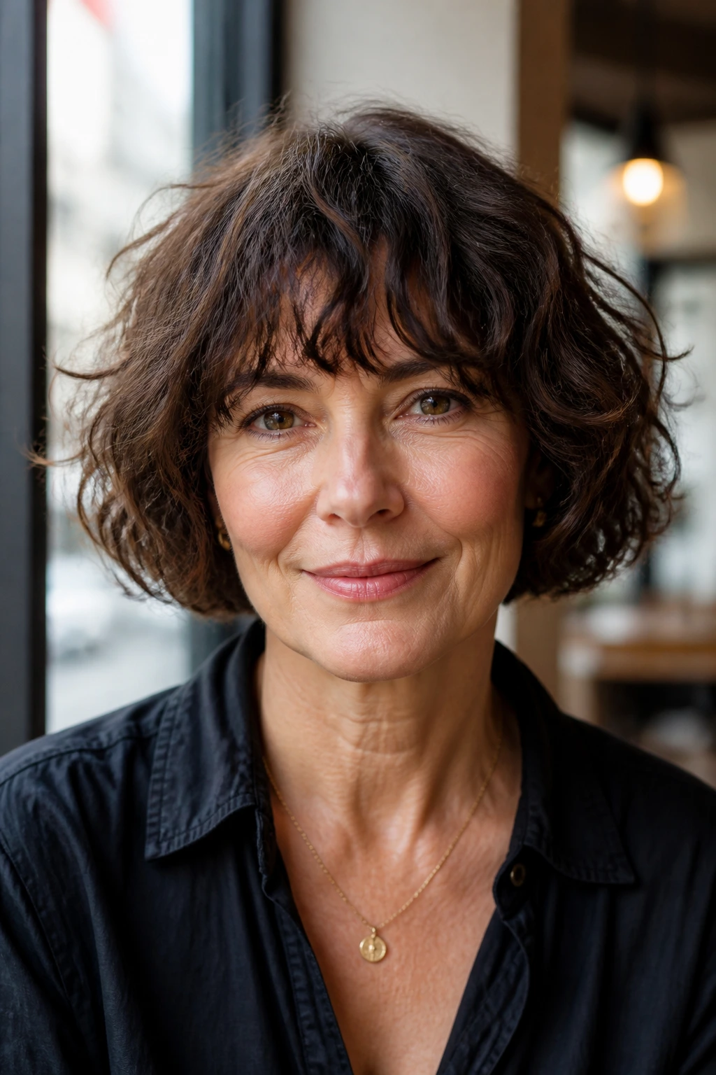 Real woman with jaw-skimming French bob and airy fringe