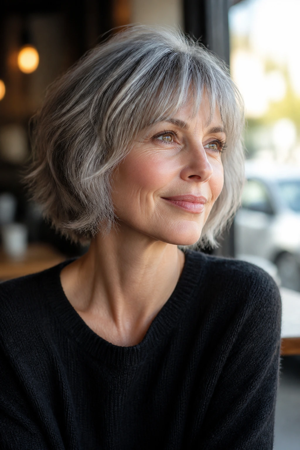 Portrait of a real woman with jaw-skimming French shag.