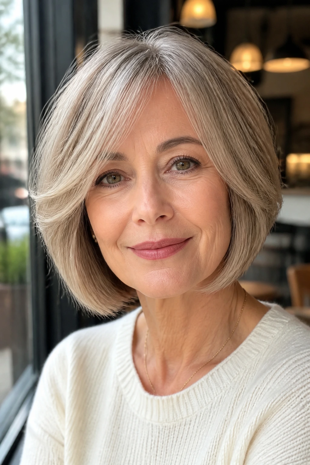 Portrait of a real woman with a jaw-skimming layered bob.