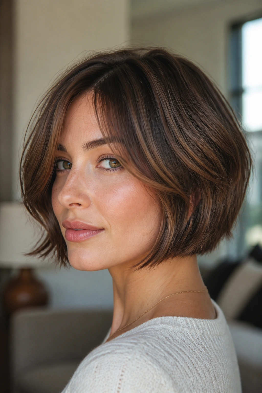 Portrait of a woman with jaw-skimming layered bob in softly lit room