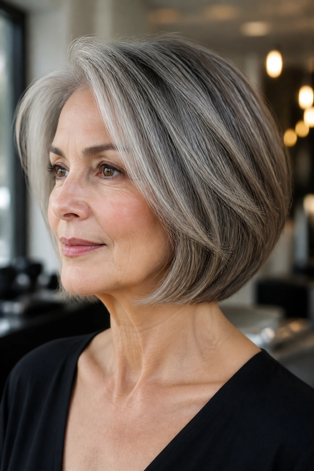 Close-up portrait of a real woman with a jaw-skimming layered bob