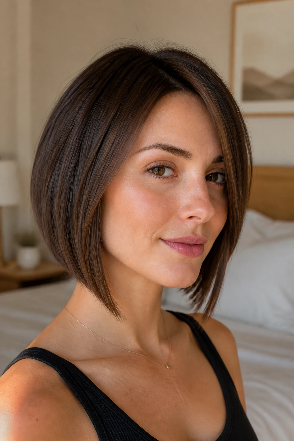 Close-up of a real woman with a jaw-skimming A-line lob, soft light
