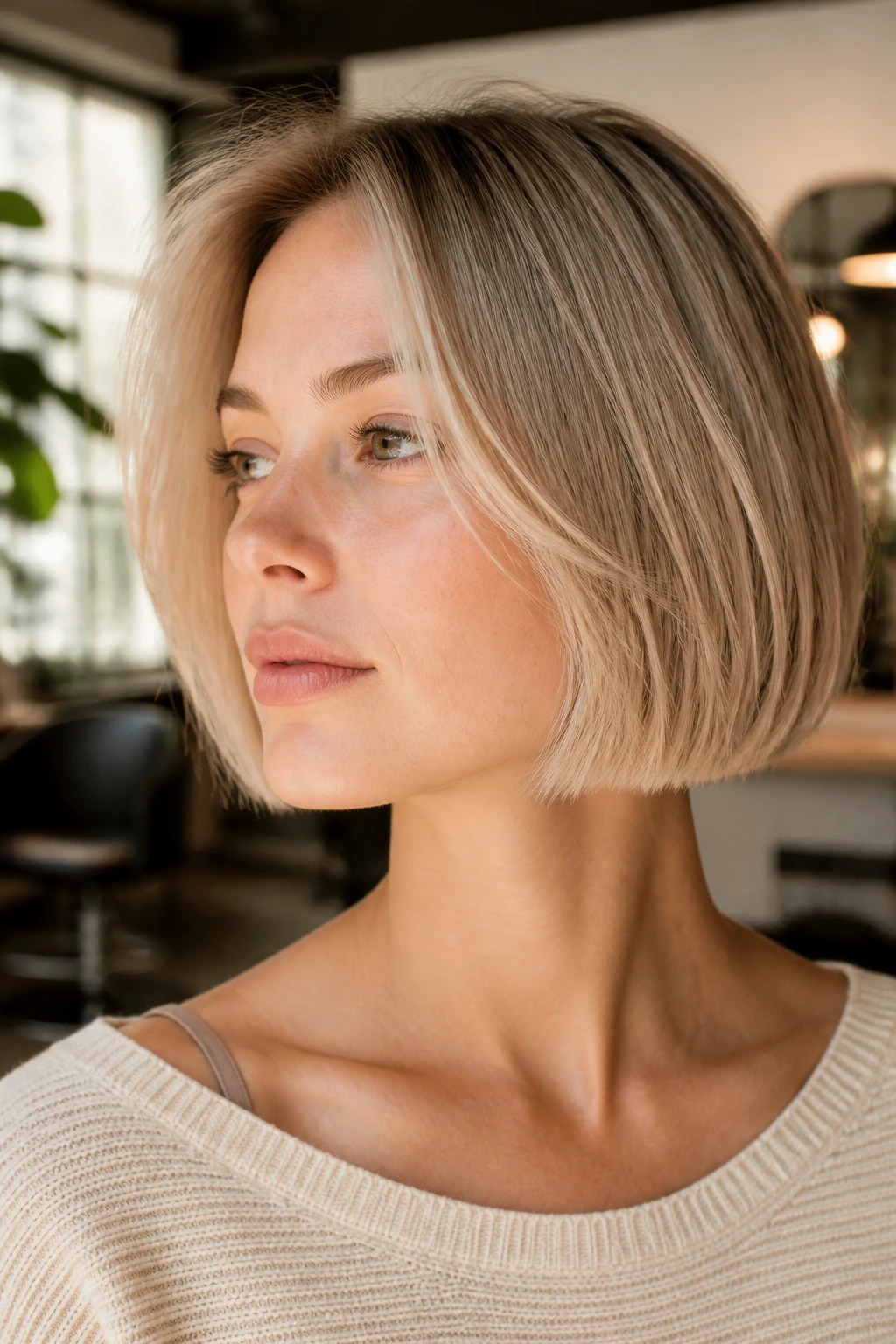Close-up portrait of a real woman with a jaw-skimming lob hairstyle framed at the jawline, natural window light.
