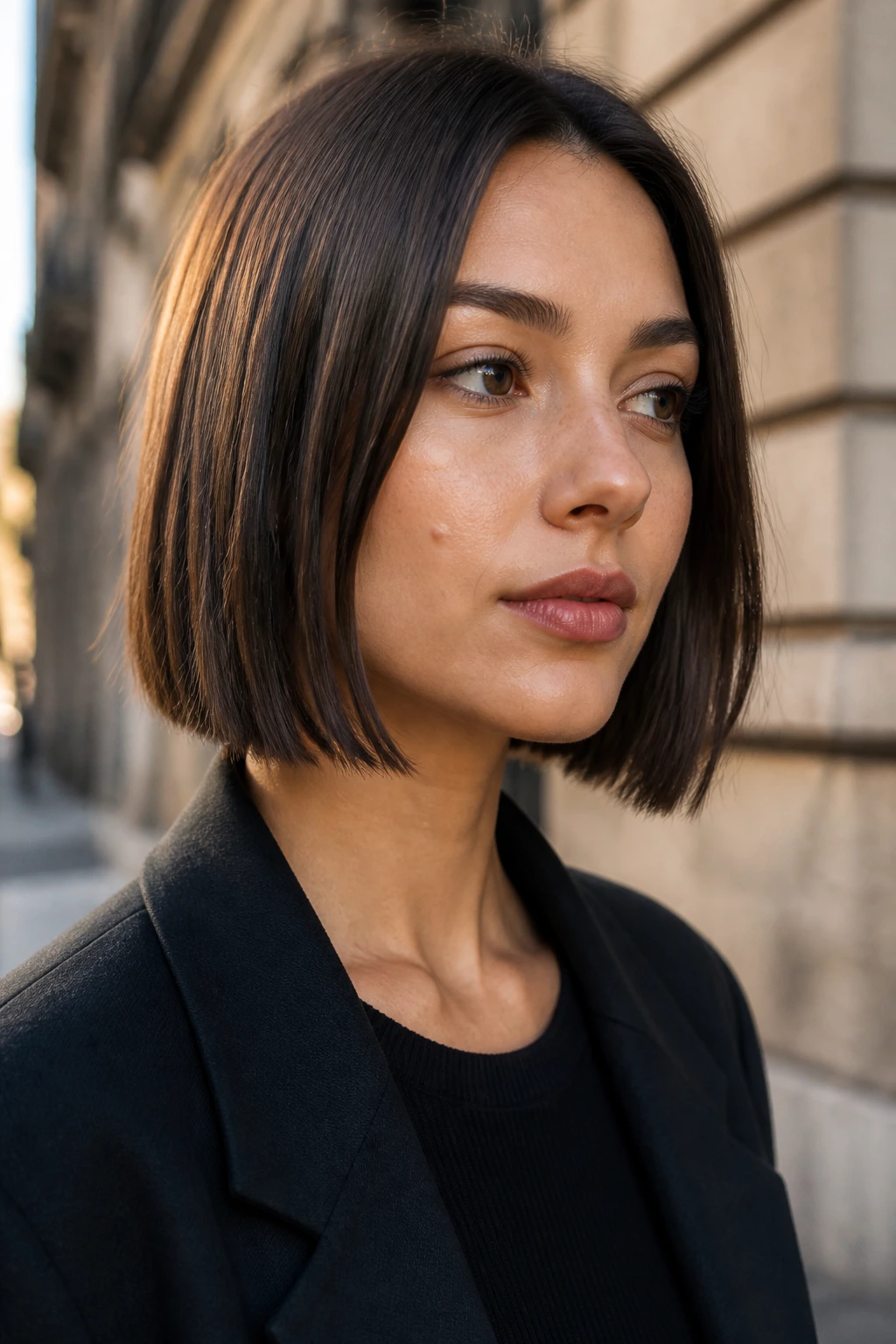 Close-up portrait of a real woman with a jaw-skimming lob framed by an urban background