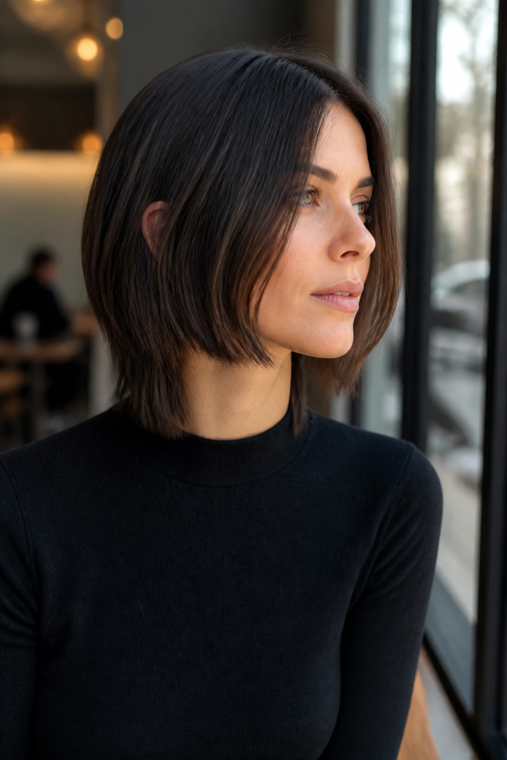 Close-up portrait of a real woman with jaw-skimming lob and longer back length by a cafe window