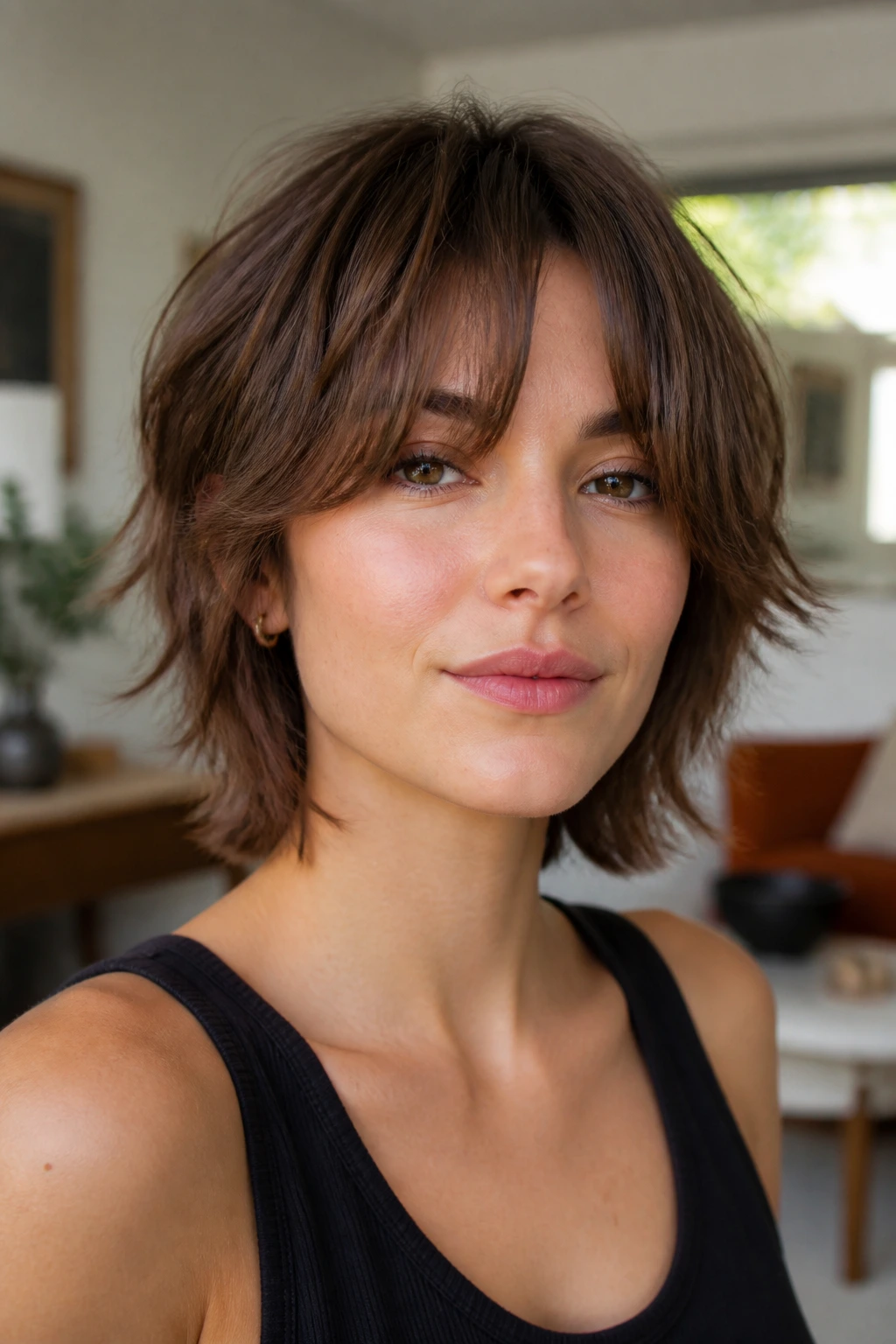 Portrait of a real person with jaw-skimming shag and curtain fringe in warm window light