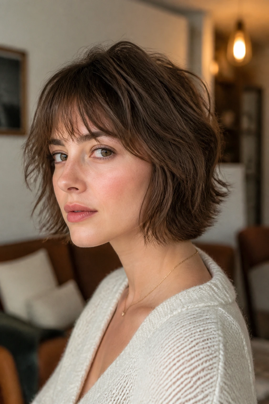 Portrait of a person with a jaw-skimming shag showing soft texture and movement.