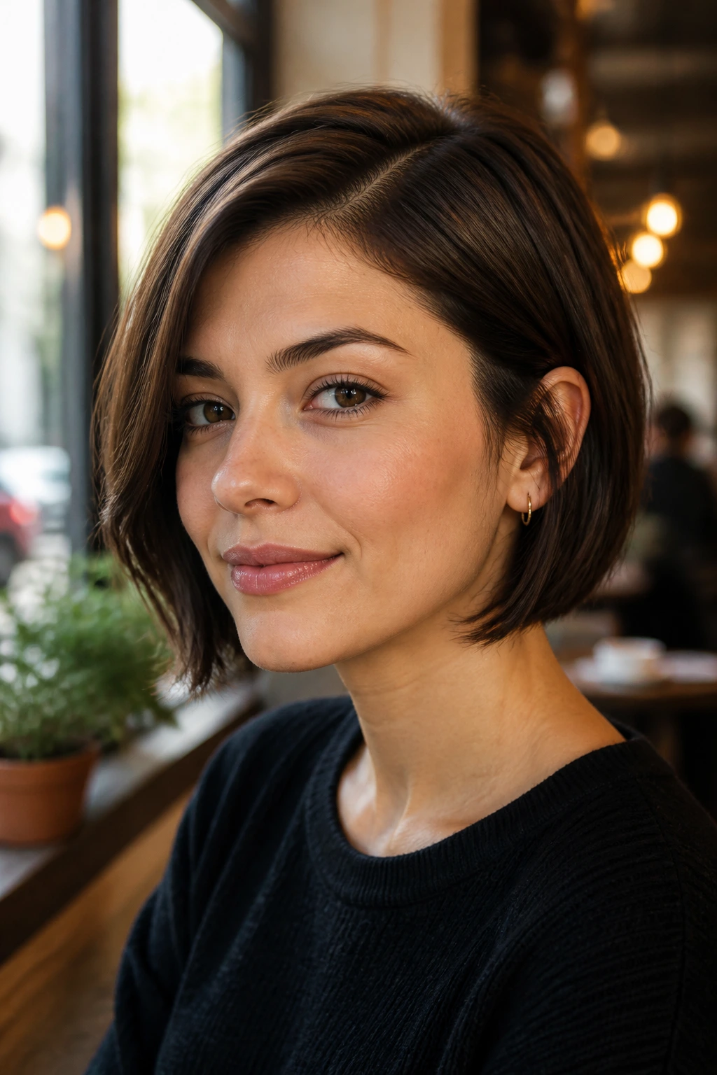 Real woman with jaw-skimming side-part bob