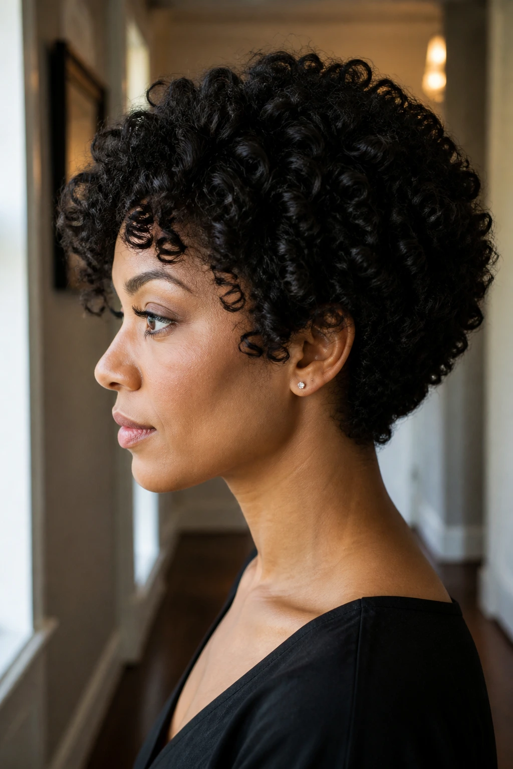 Close-up of a real person with Jaw-Skimming Wedge Cut in natural light