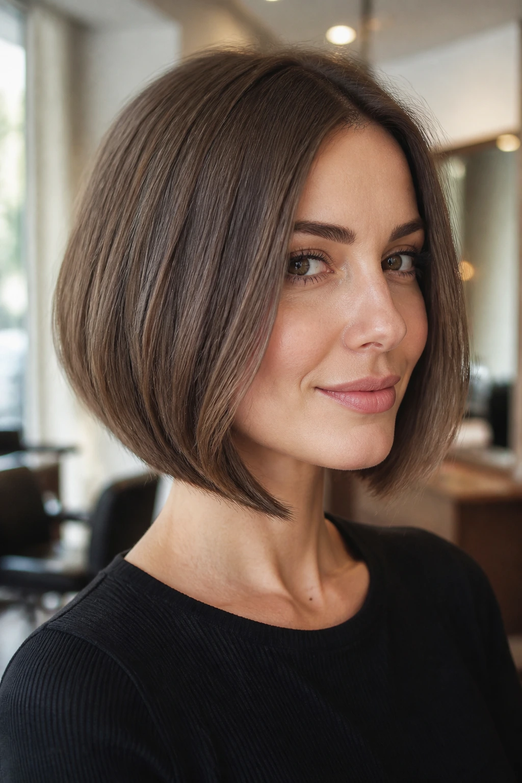 Close-up portrait of a real woman with jaw-softening layered bob and inward-front bend