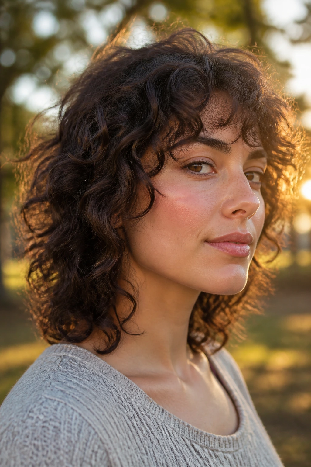 Portrait of real woman with jaw-softening curly shag showing cheekbone-framing layers