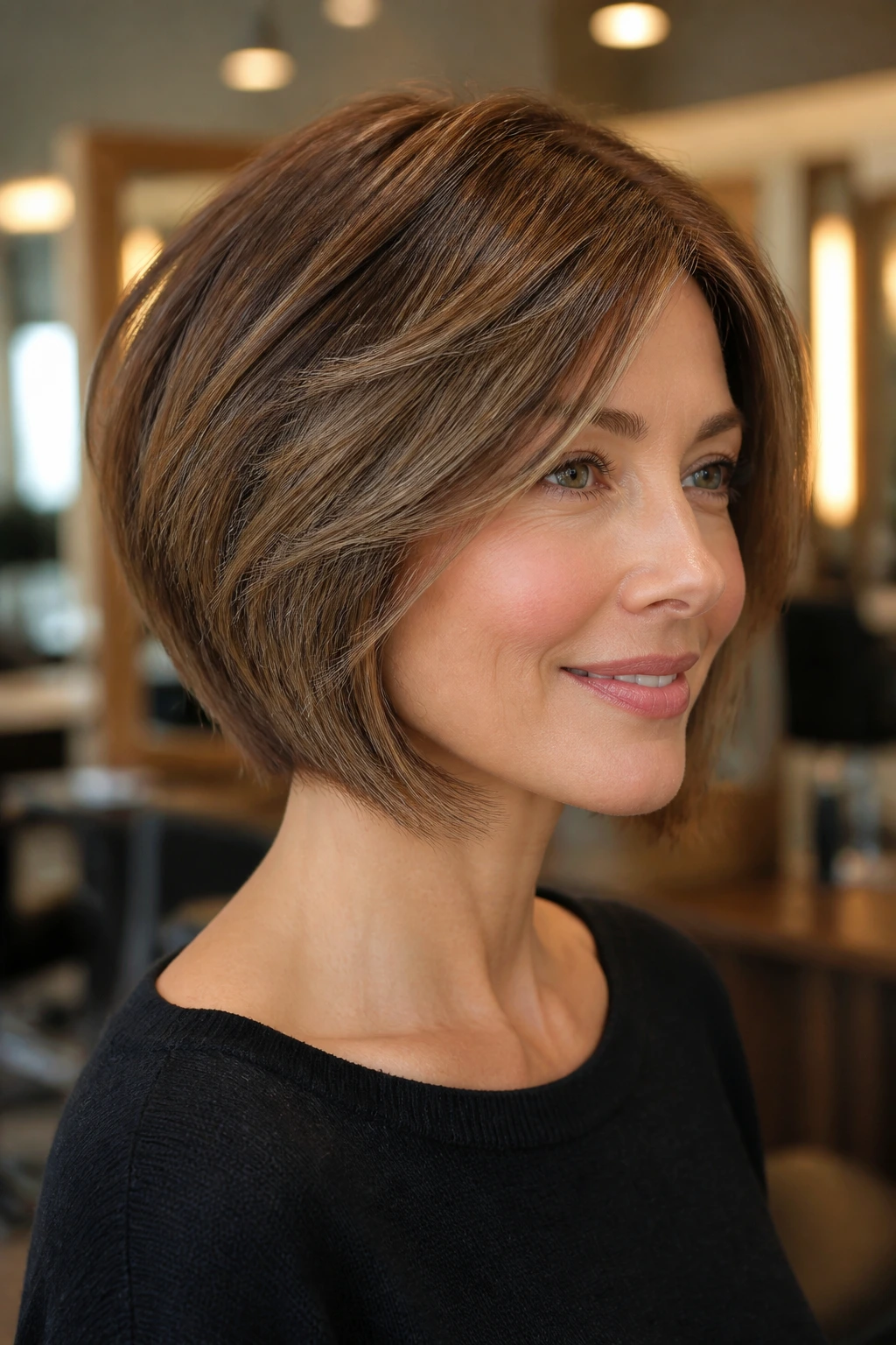 Close-up of a real woman with a jaw-softening layered bob in a warm salon.