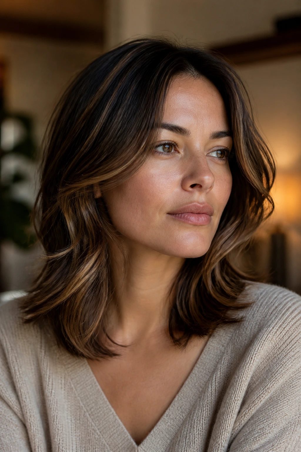 Portrait of a real woman with jaw-softening layers on a square-faced jawline