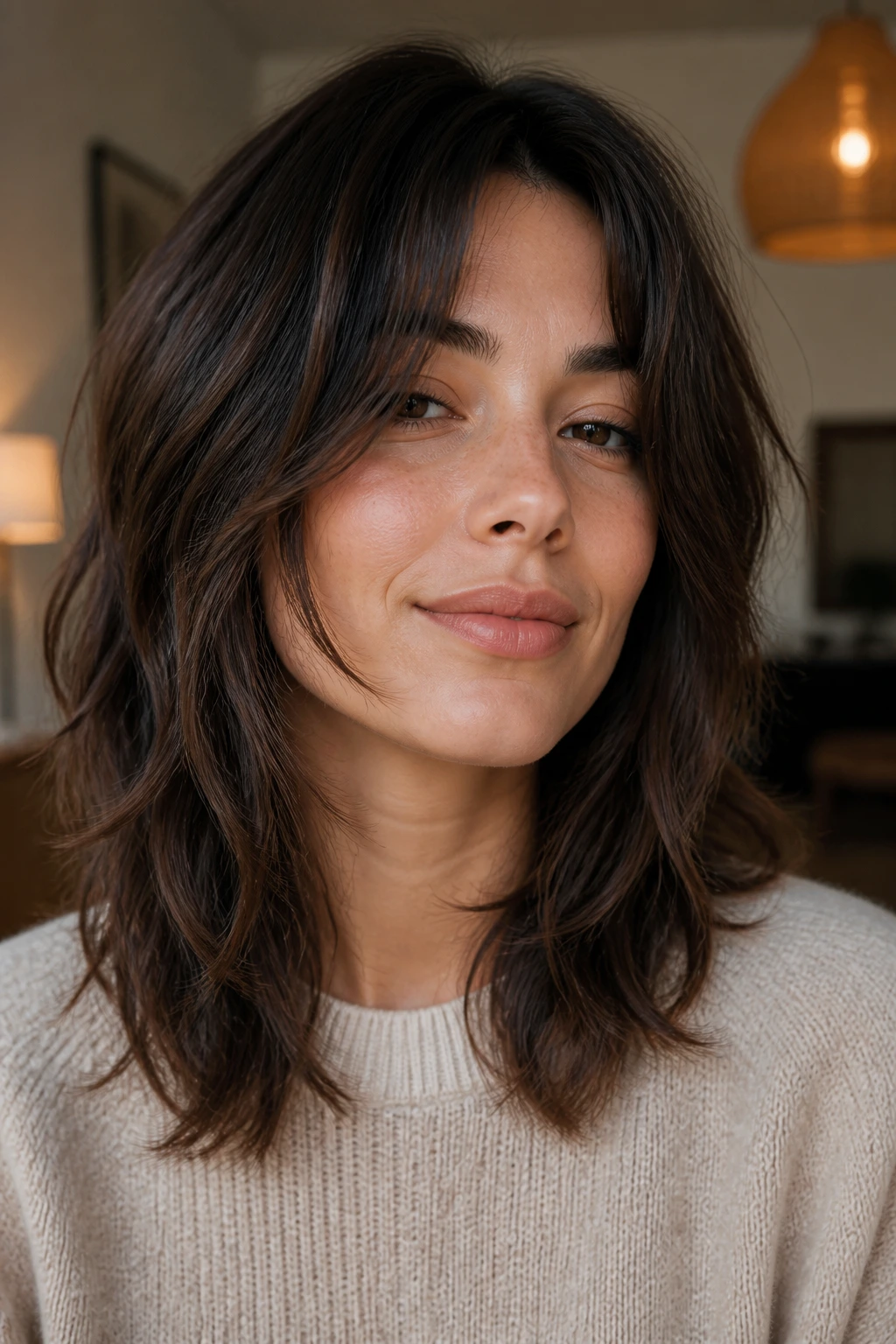 Close-up portrait of a real woman with jaw-softening shag featuring curved front layers