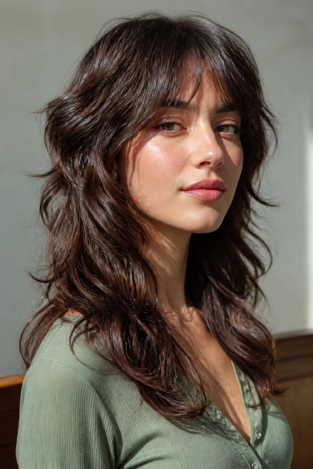 Real person showing Jaw-Softening Wolf haircut with jaw-softening fringe.