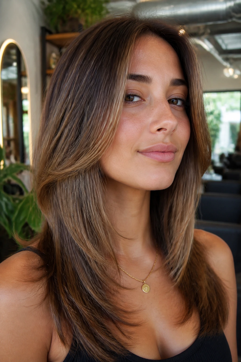 Real person with jaw-length face-frame layer at jawline, in a salon