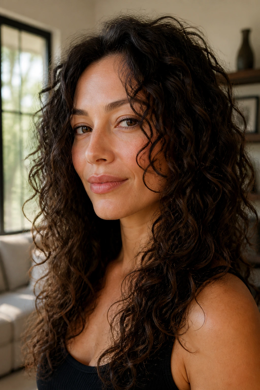 Close-up of a real woman with jaw-starting face frame layers adding cheek volume.