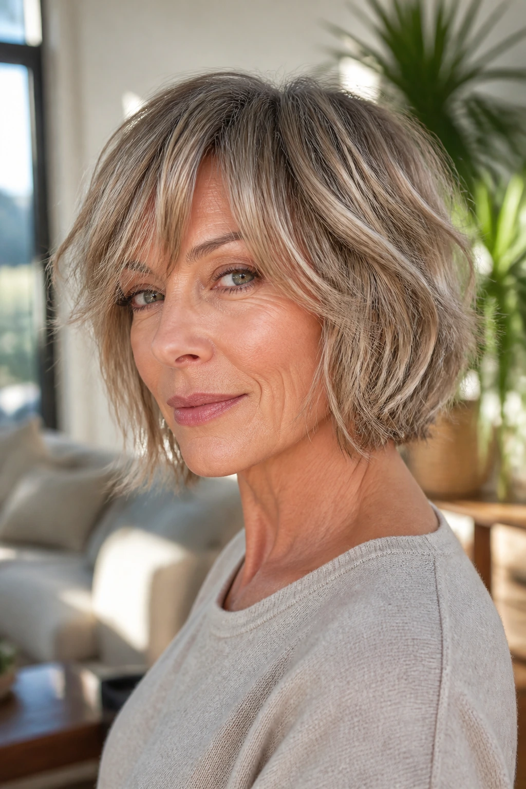 Real woman with jaw-length shag and razored layers showing movement and texture.