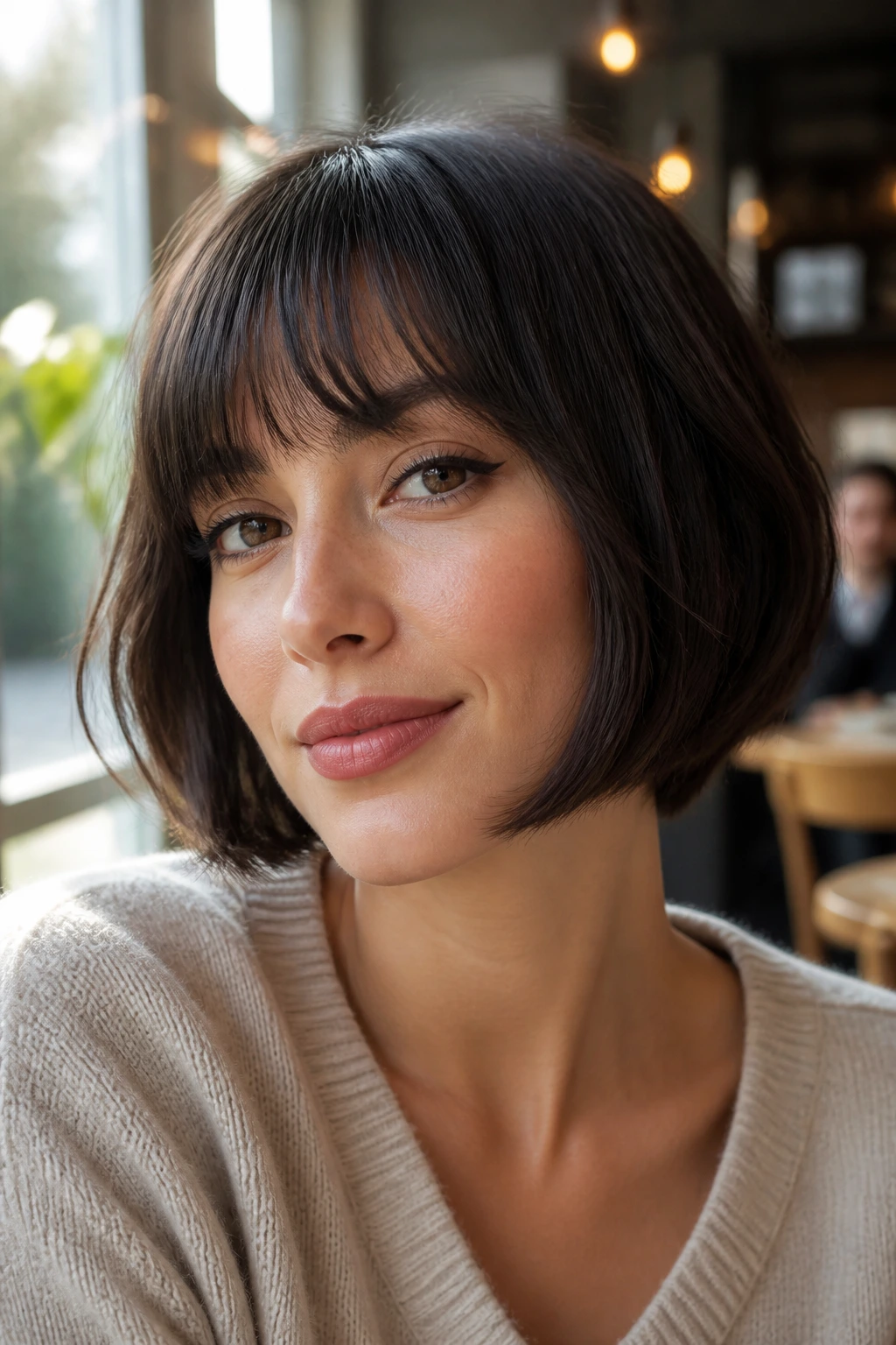 Portrait of a real woman with jawline-skimming bangs