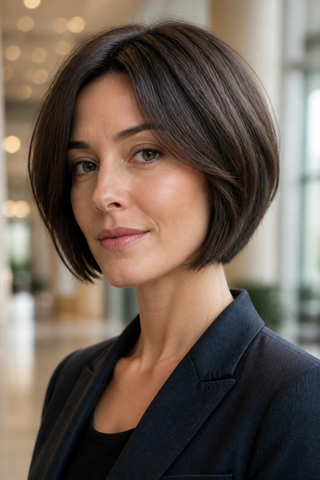 Close-up of a real woman wearing a jawline bob with hidden inner layers highlighting perimeter and subtle movement.