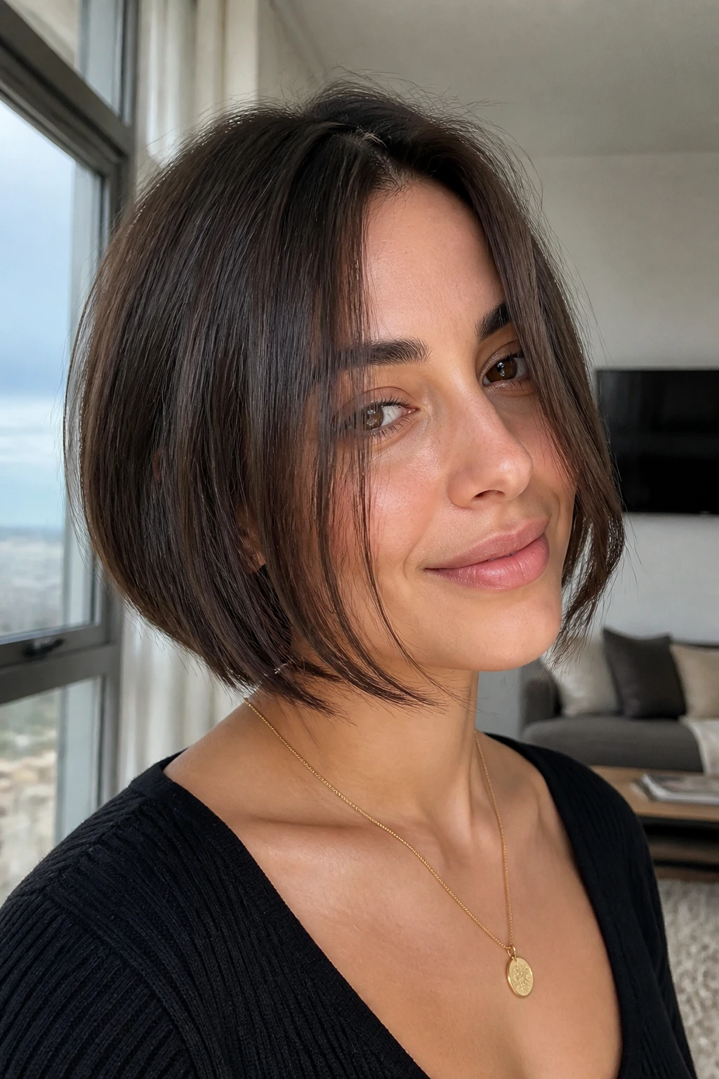 Real woman wearing a jawline bob with long front pieces near the mouth