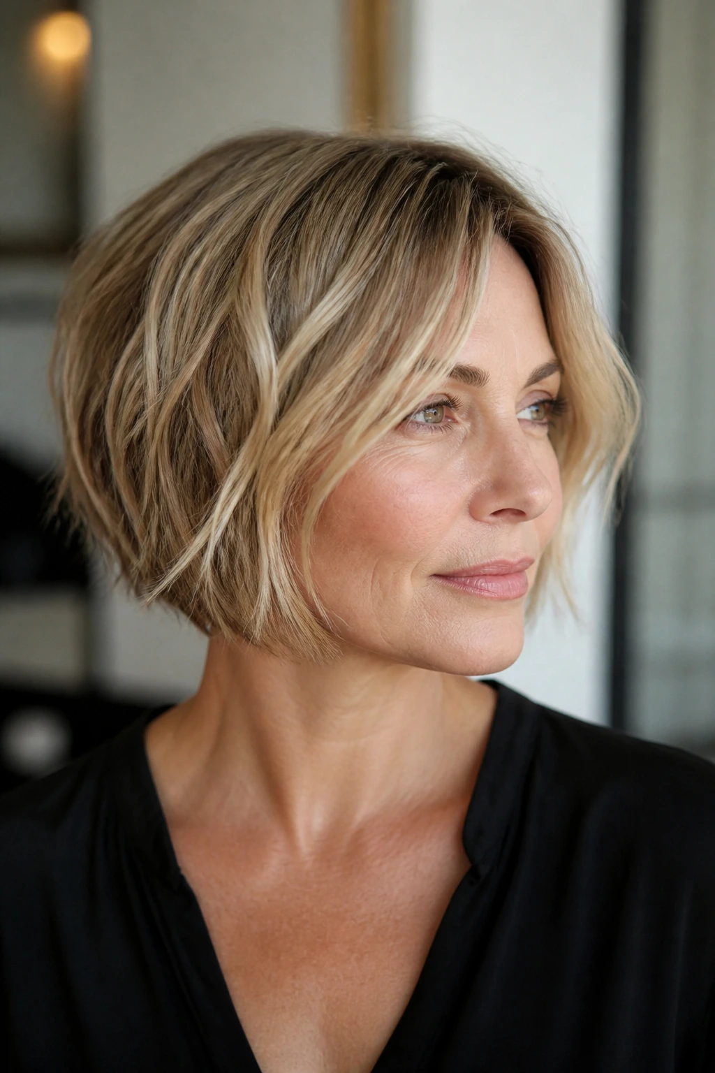 Portrait of a woman with jawline-length choppy bob