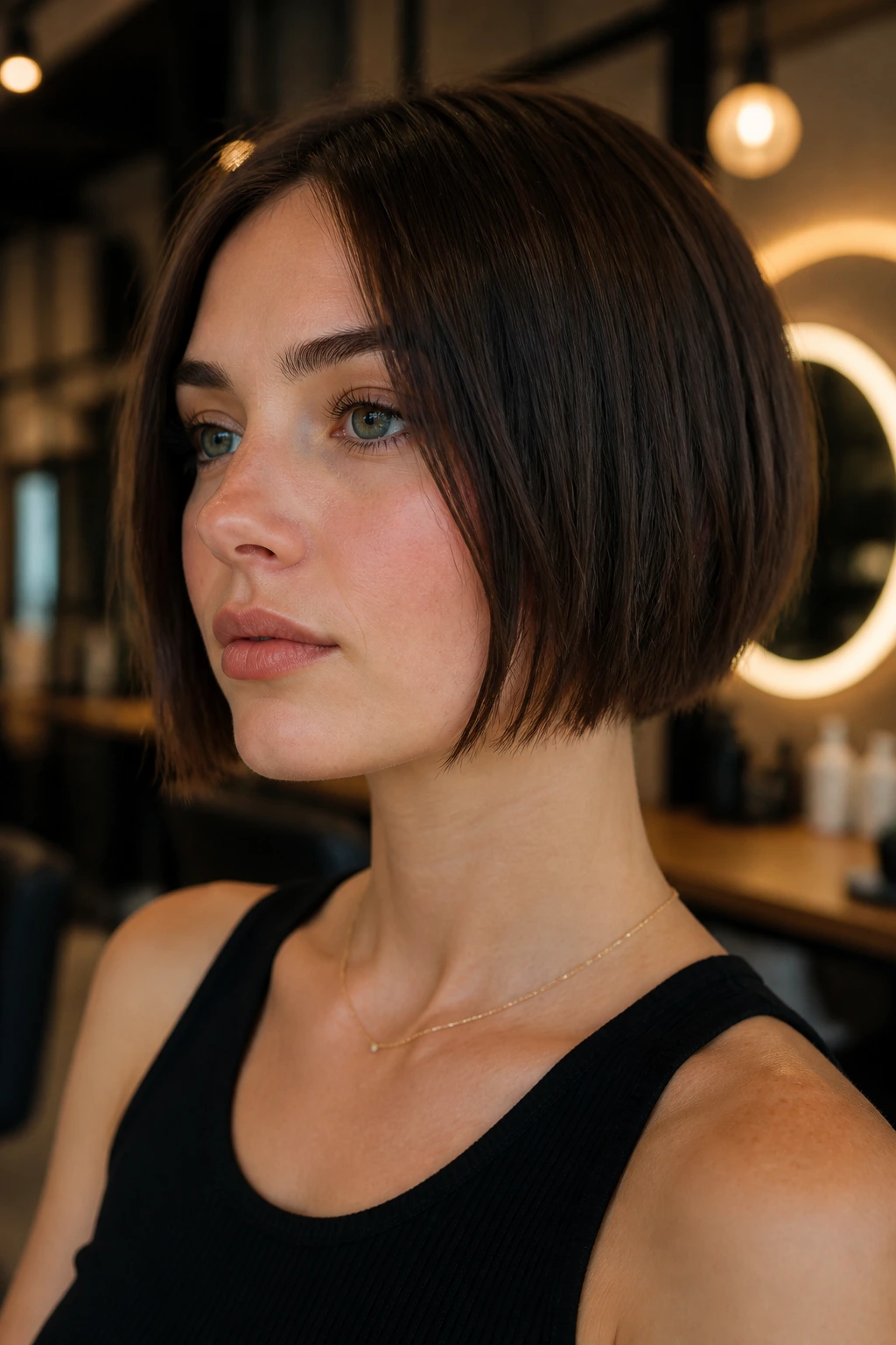 Close-up of a woman with jawline-length razor cut bob
