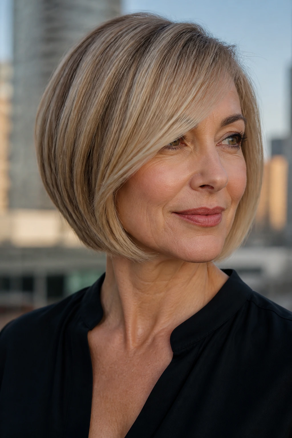Real woman with jawline bob and long side bangs in close-up.