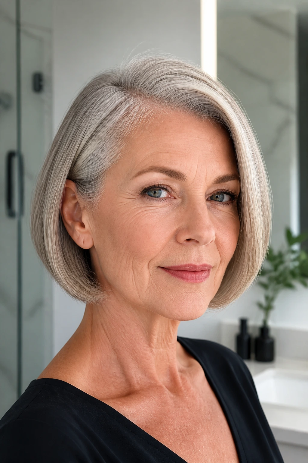 Close-up portrait of a real woman with sleek jawline bob and off-center side part