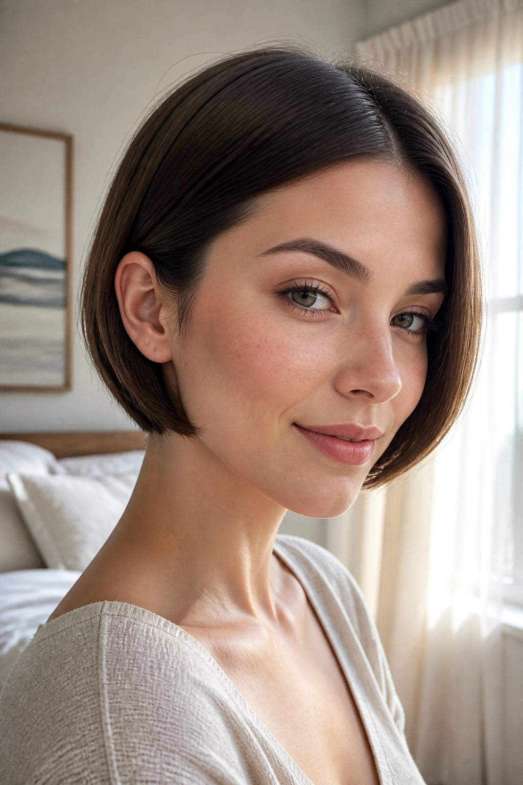 Close-up portrait of a real woman with a jawline bob and tucked ends by a sunlit window.