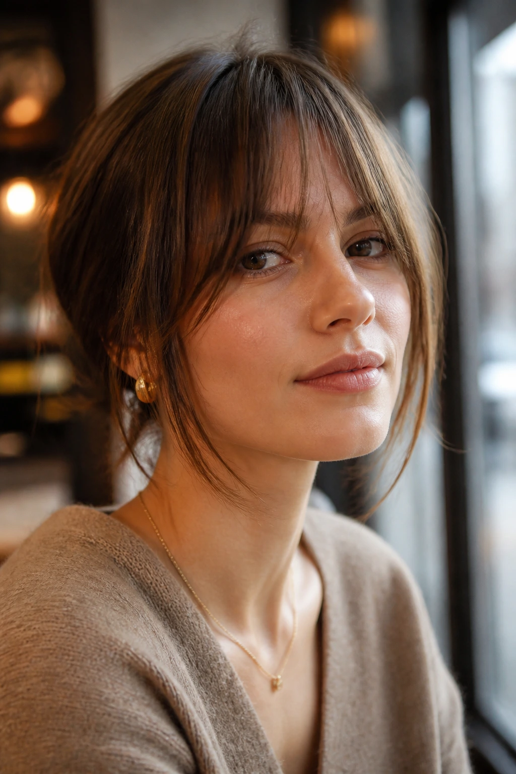 Real person with jawline-grazing soft bottleneck bangs