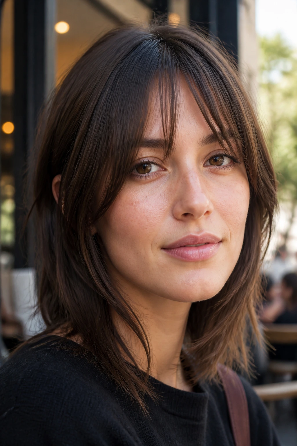 Jawline-grazing soft bottleneck bangs on a real person outdoors