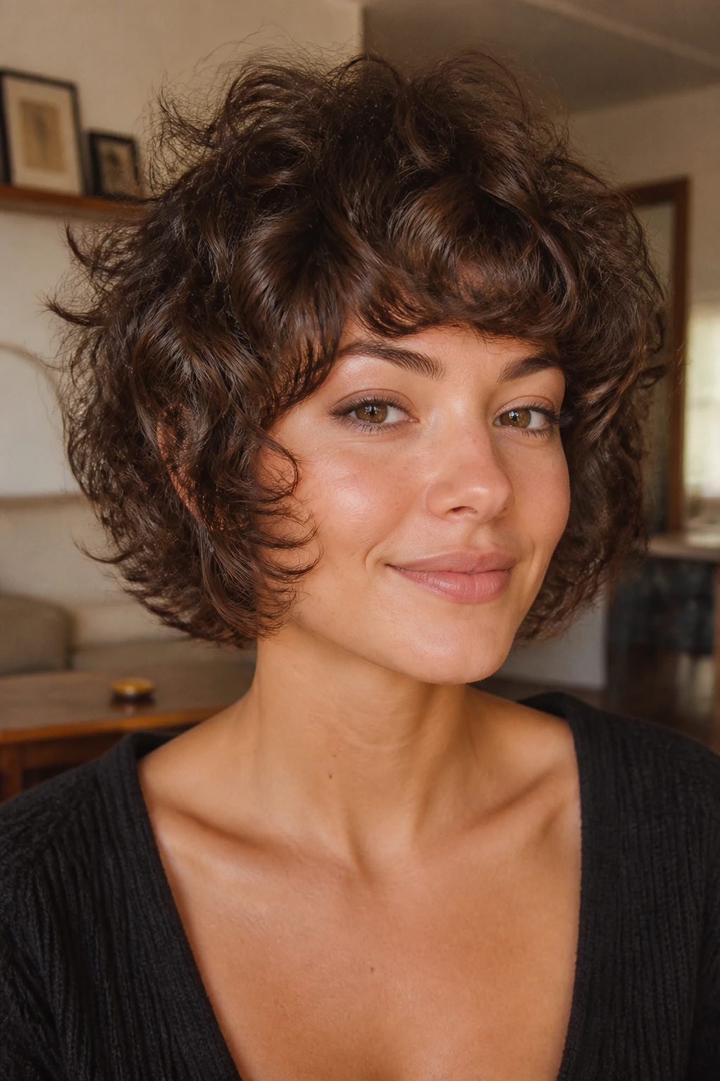 Real-person portrait with jawline cloud shag and floating ends around the jaw.