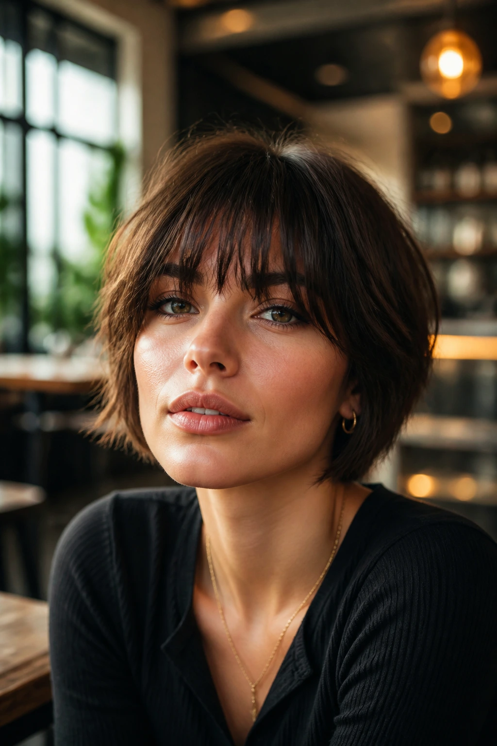 Portrait of a woman with a jawline crop and brow-skimming bangs