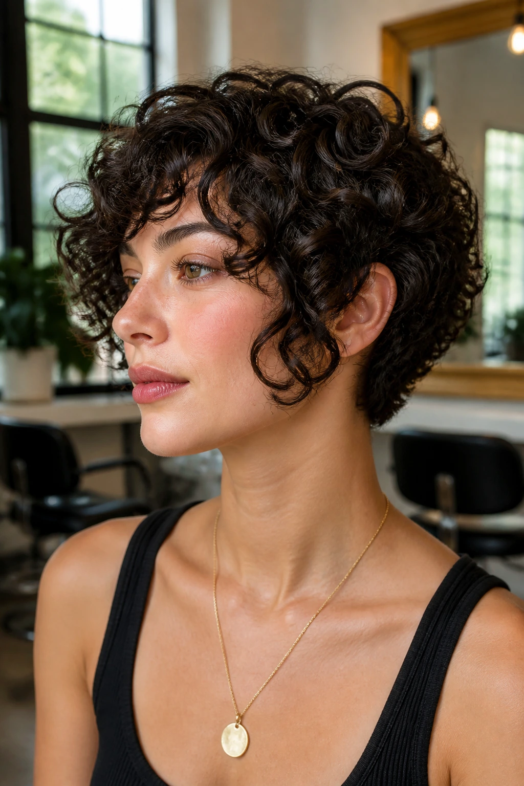 Close-up portrait of jawline-curved curls with tapered sides on a real person
