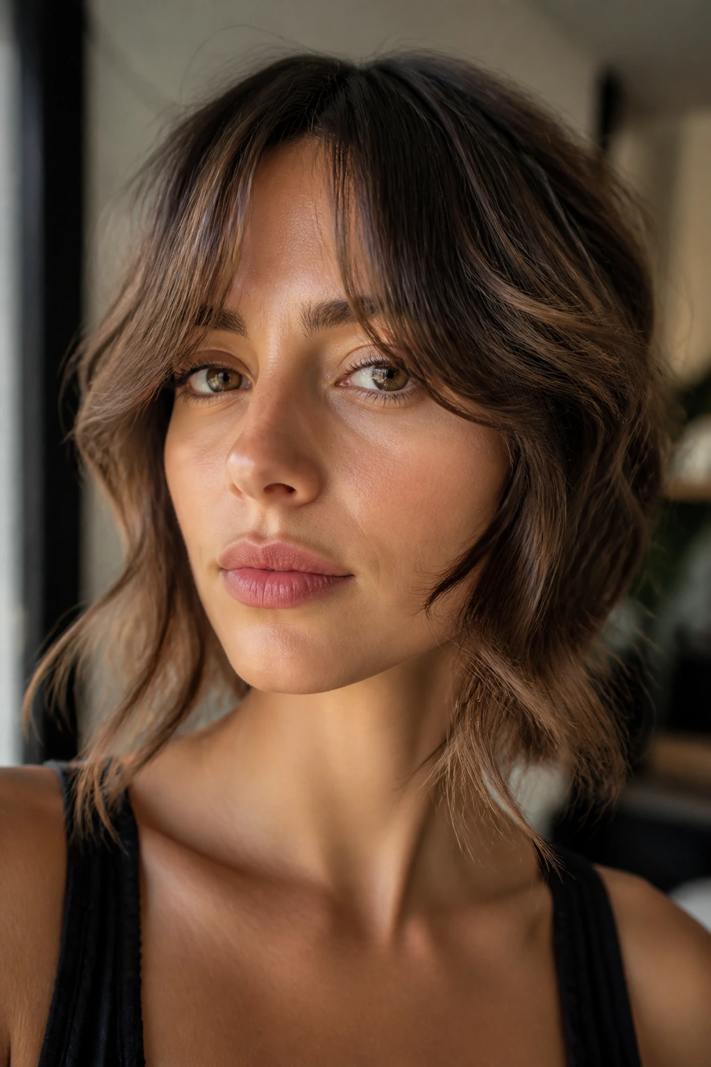 Close-up of jawline curtain bangs on a real person